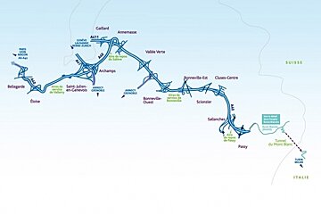 Mont Blanc tunnel and Chamonix road network map