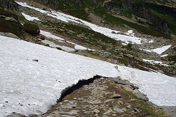 Snow on hiking trail in summer