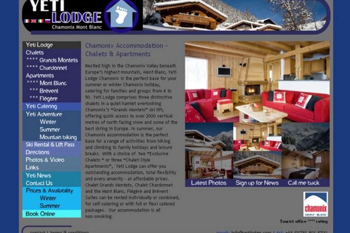 A website for yeti lodge shows a picture of a chalet