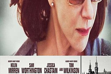 A movie poster for the debt shows a woman wearing sunglasses and earrings