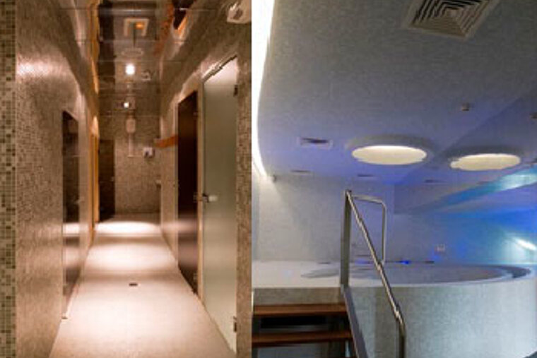 A picture of a hallway and a picture of a swimming pool