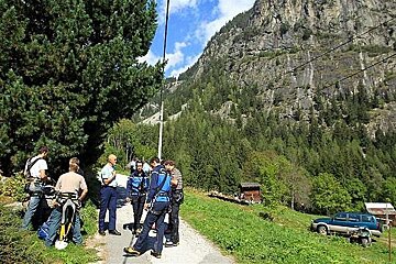 An image of police at the scene of a helicopter crash in Vallorcine, Chamonix Mont Blanc