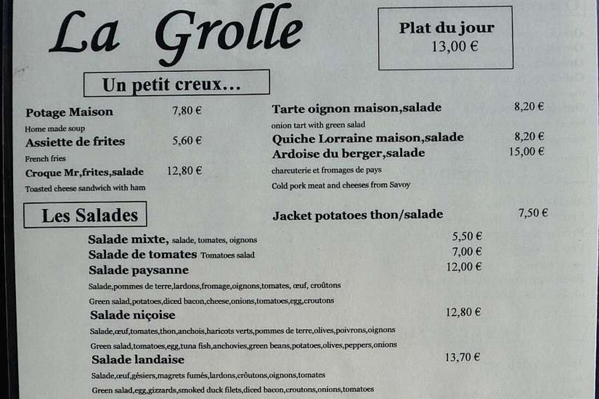 A menu for a restaurant called la grolle