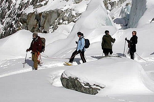 A group of people are walking through the snow