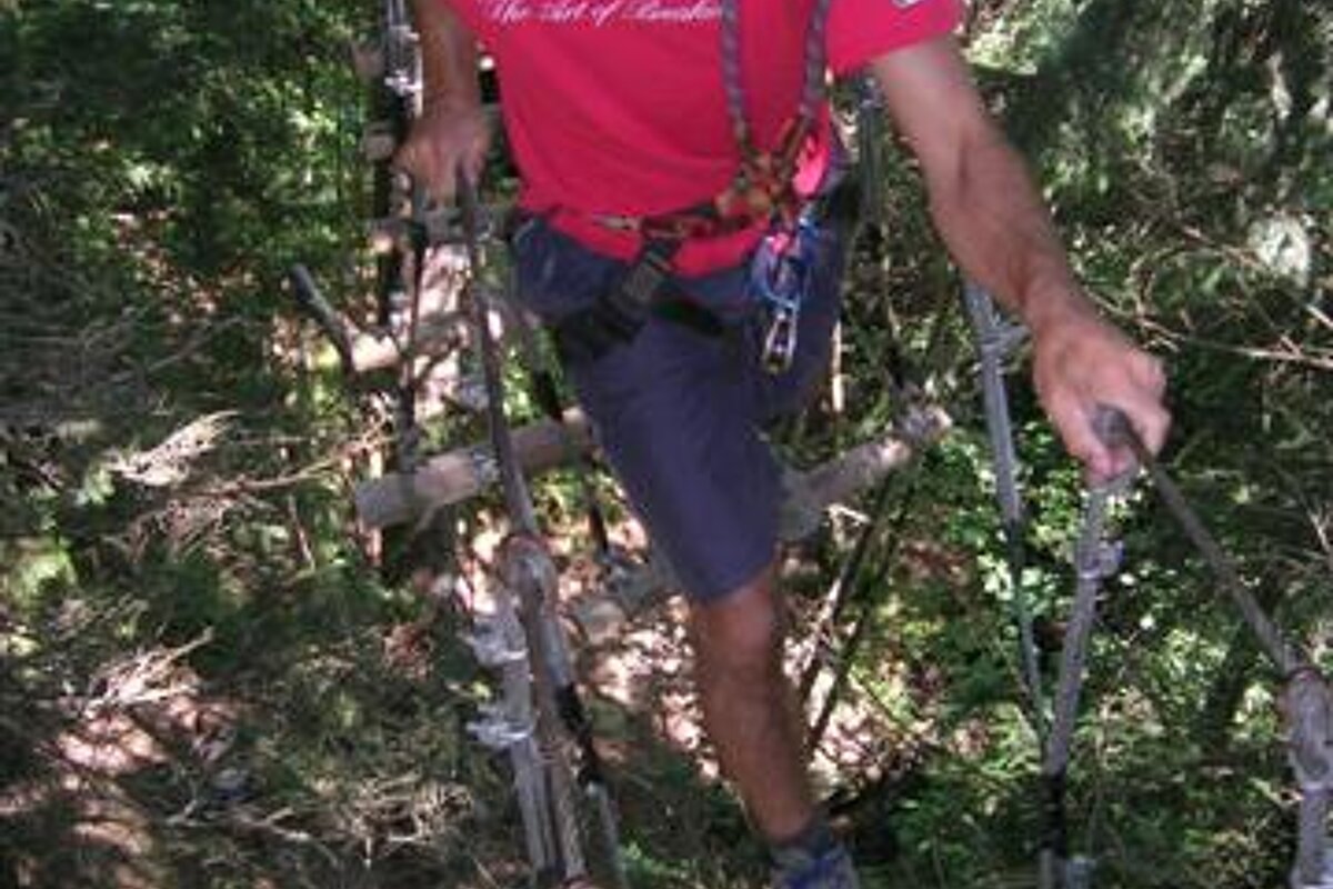A man is walking across a rope bridge in the woods