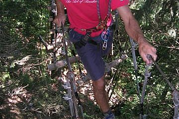 A man is walking across a rope bridge in the woods