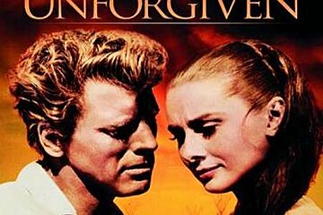 A movie poster for the unforgiven with burt lancaster and audrey hepburn