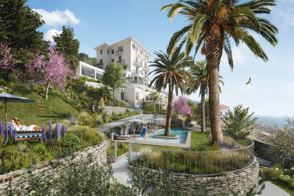 Sunny hillside resort featuring a swimming pool, lush gardens, palm trees, and a white hotel named Helios.