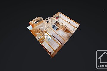 A 3D model of a rustic interior floor plan featuring a bedroom (