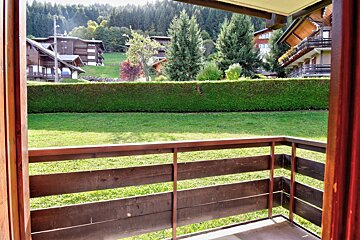 View from a wooden balcony looking out at a green lawn, hedge, and alpine chalets nestled in a pine-covered hillside.