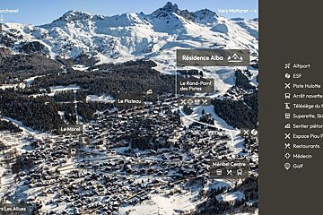 Labeled map of a snowy mountain ski resort village, highlighting locations like R&eacute;sidence Alba and M&eacute;ribel Centre.