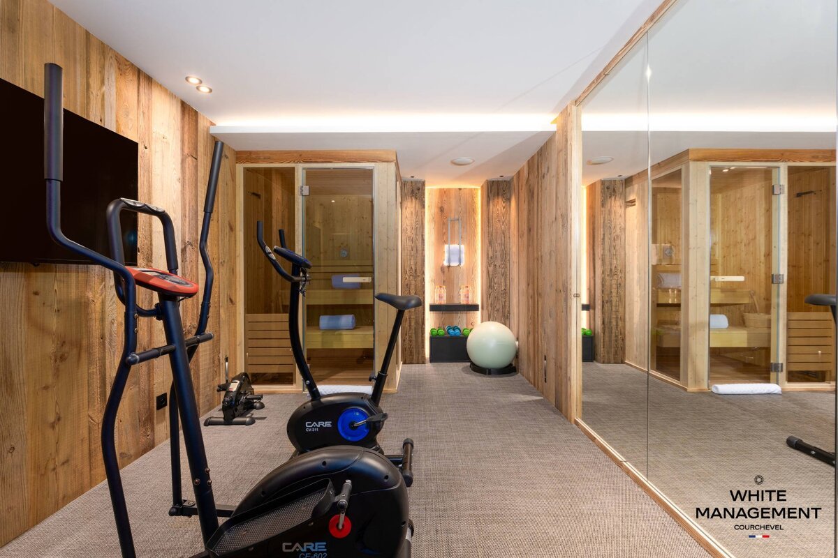 A wooden-paneled home gym featuring an elliptical, stationary bike, stability ball, a glass-walled sauna, and a large mirror.