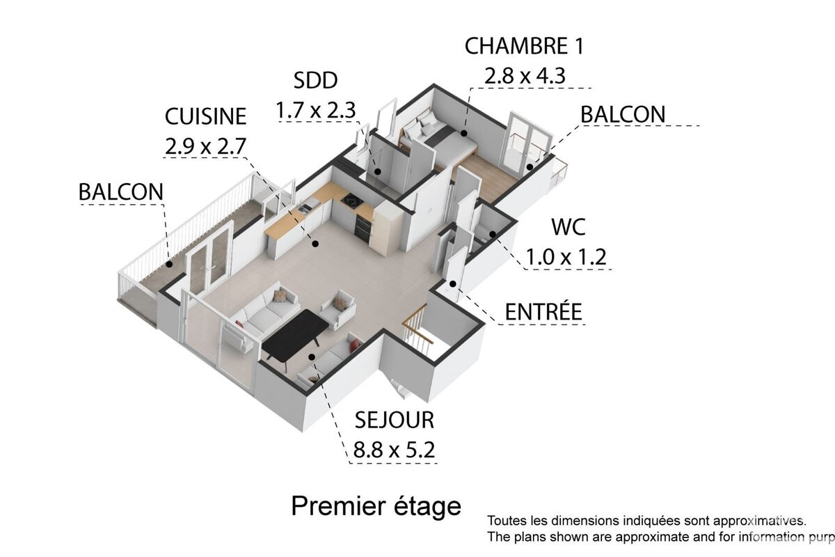 A 3D floor plan of a 1st floor apartment with living room, kitchen, bedroom, bathroom, WC, entrance, and two balconies, all with dimensions.