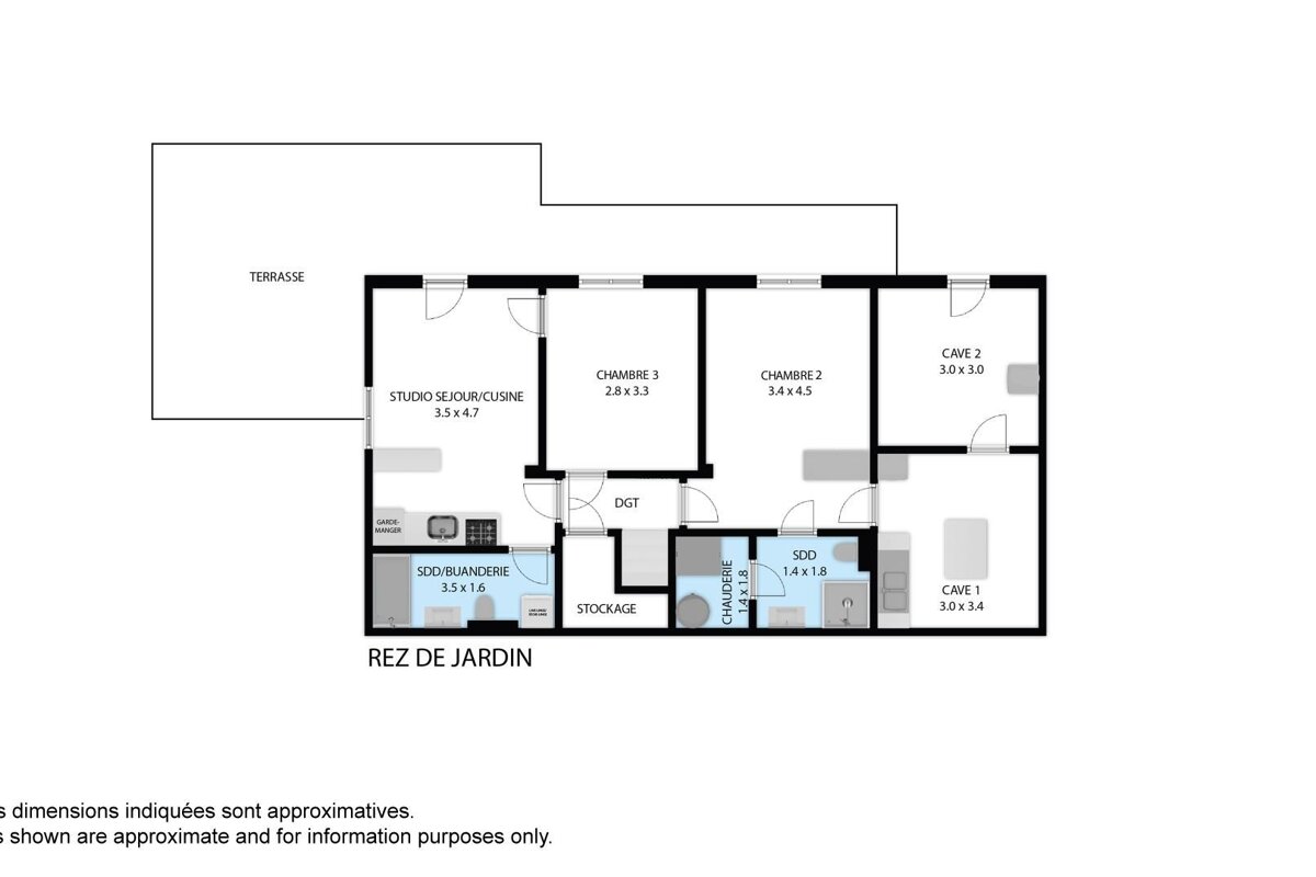 A garden level floor plan showing a terrace, studio with kitchen, 2 bedrooms, 2 cellars, laundry, storage, and 2 bathrooms, with dimensions.