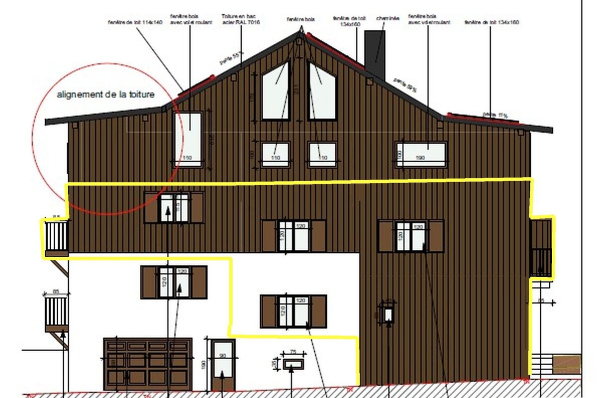 Architectural elevation drawing of a multi-story brown house with a pitched roof, many windows, a garage, and technical annotations.