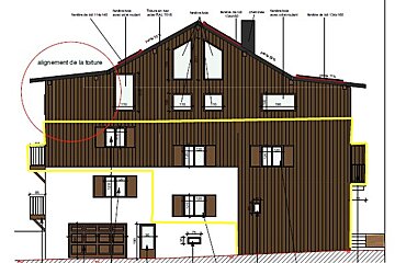 Architectural elevation drawing of a multi-story brown house with a pitched roof, many windows, a garage, and technical annotations.