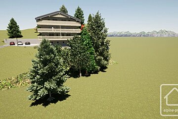 3D rendering of a multi-story wooden chalet on a grassy field with pine trees and mountains in the background.