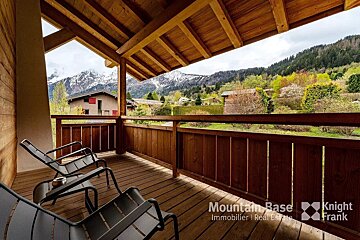 A balcony with chairs and the words mountain base knight frank on the bottom