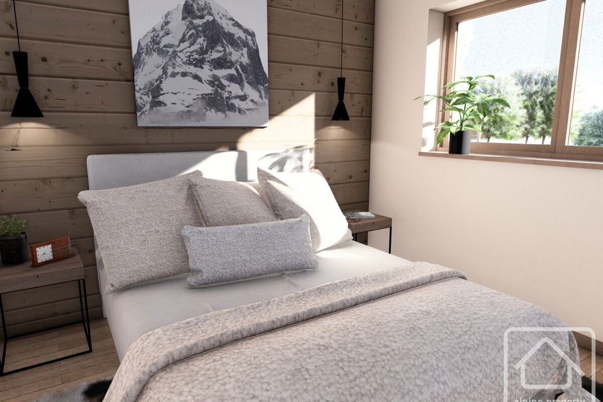 A modern bedroom features a wooden accent wall, a comfy bed with textured linens, mountain artwork, and a sunlit window with a plant.