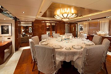 A dining room with a round table and chairs