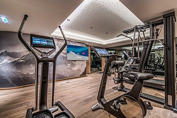 Modern indoor gym featuring high-end workout equipment, wooden flooring, and a scenic mountain mural on the wall.