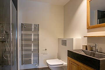 A modern bathroom features a glass shower, chrome towel warmer, wall-mounted toilet, dark stone sink on a wooden vanity, and wood-framed mirror.