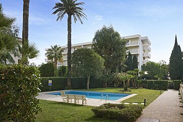 A swimming pool in a lush garden with palm trees, a green lawn, and a white apartment building under a blue sky.