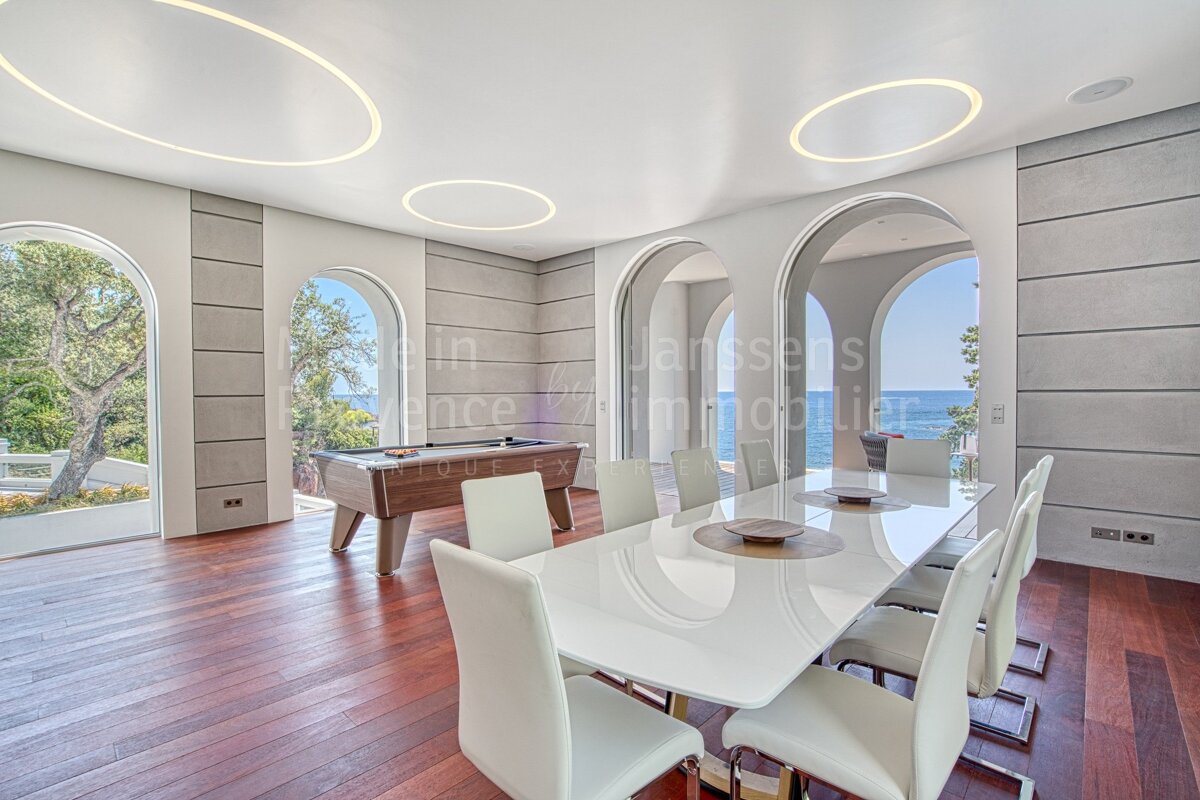 A dining room with a pool table and a sign that says janssens