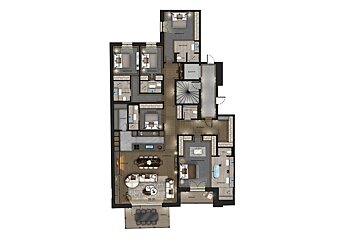 A floor plan of a house with a spiral staircase