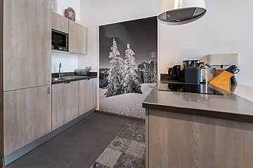 A kitchen with a picture of snowy trees on the wall
