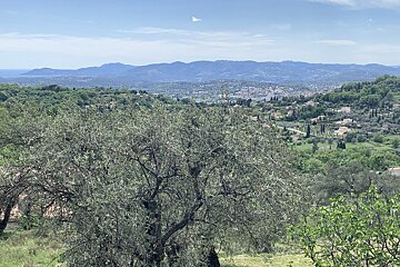 A view of a valley with mountains in the background