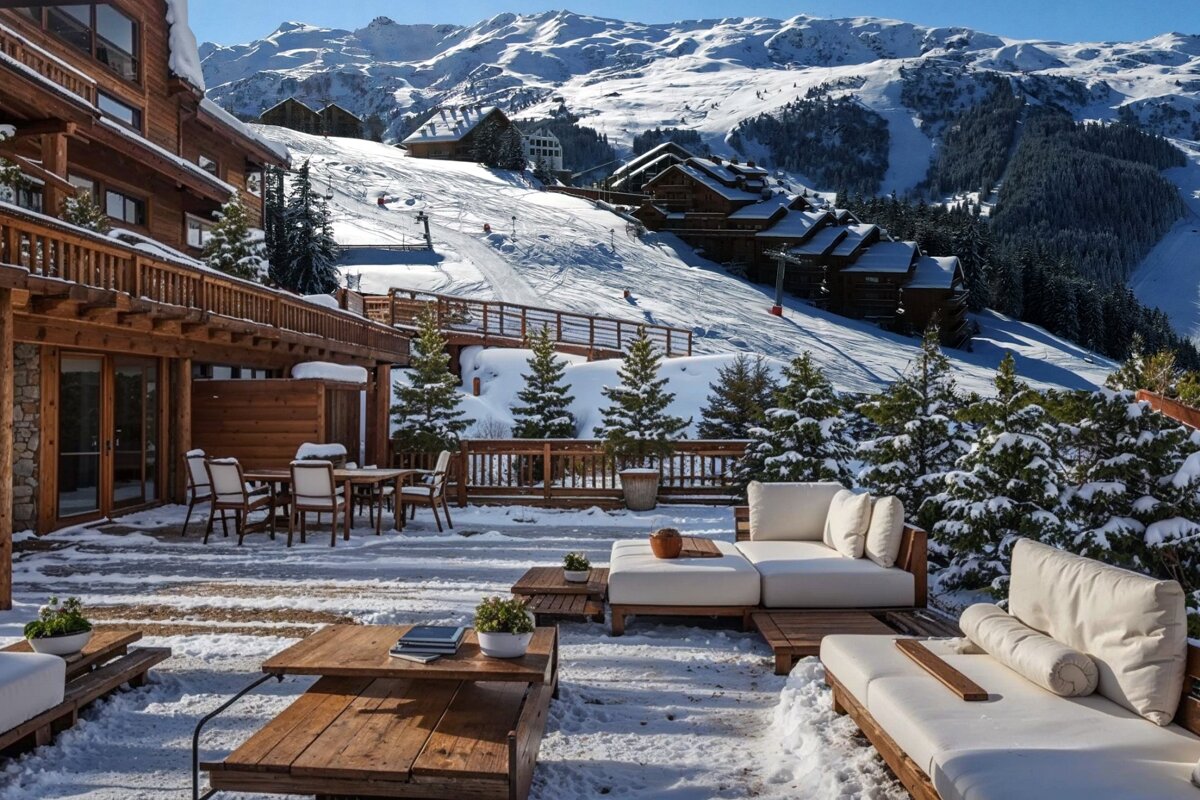 A beautiful snowy ski resort with wooden chalets, an outdoor patio with lounge furniture dusted in snow, set against stunning snow-capped mountains.