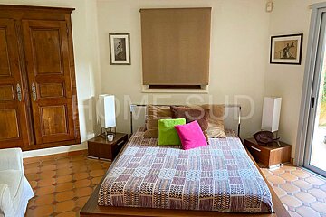 A bedroom with a bed and a sign that says home sud