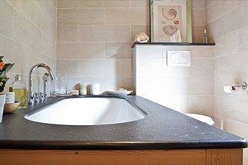 A bathroom with a sink and a picture of seashells on the wall