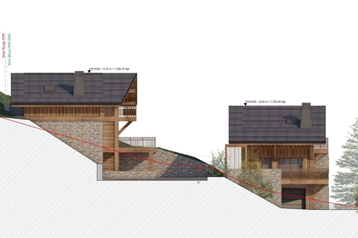 An architectural drawing of a house on a hill