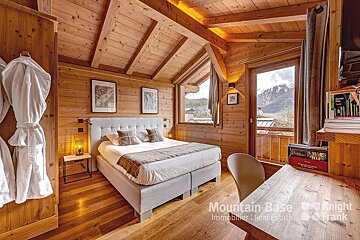A bedroom with a bed and a desk that says mountain base