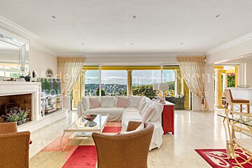 A living room with a couch and a fireplace with the word immobilier on the wall