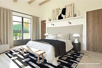 An artist 's impression of a bedroom with a large bed