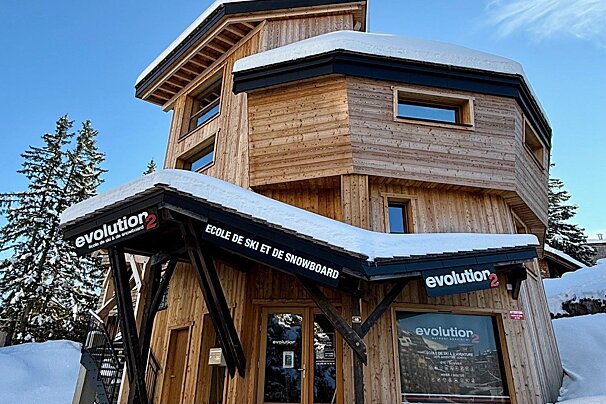 A snow-covered wooden 