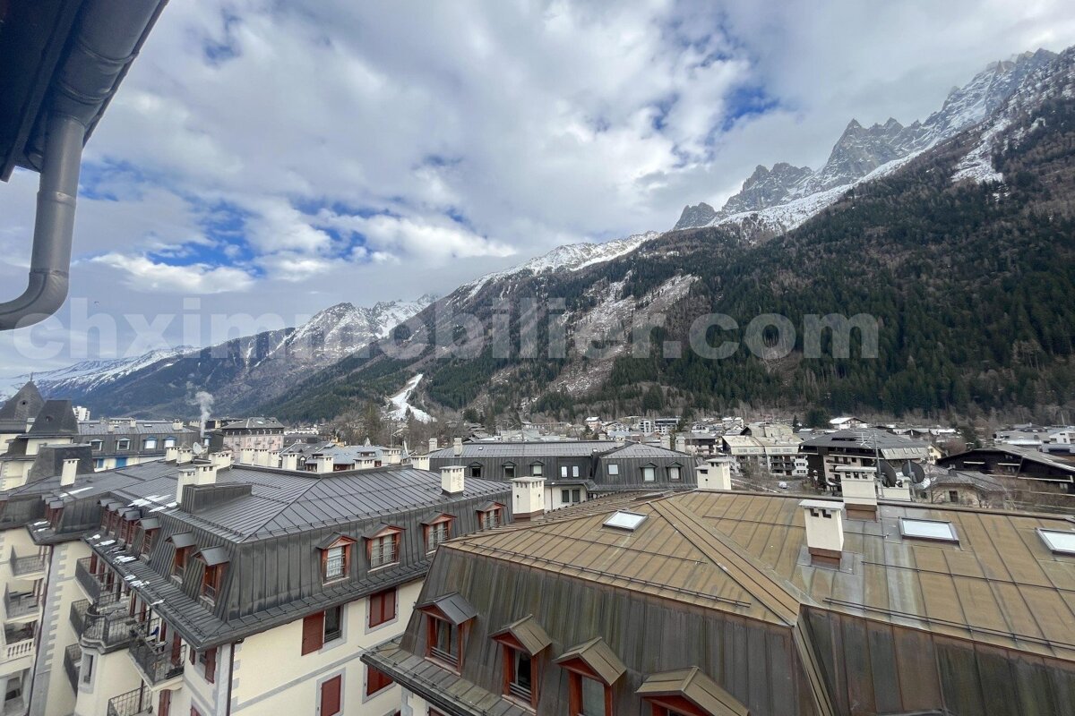Elevated view over a town with dark rooftops and dormer windows, framed by majestic, snow-capped mountains and forests under a partially cloudy sky.