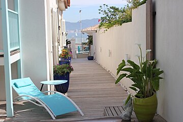 A blue chair sits on a wooden deck next to a green potted plant