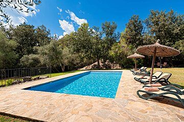 A large swimming pool surrounded by chairs and umbrellas