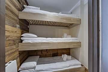 Three bunk beds are stacked on top of each other