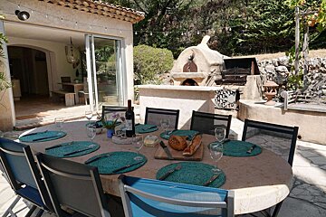 A table with a bottle of wine on it