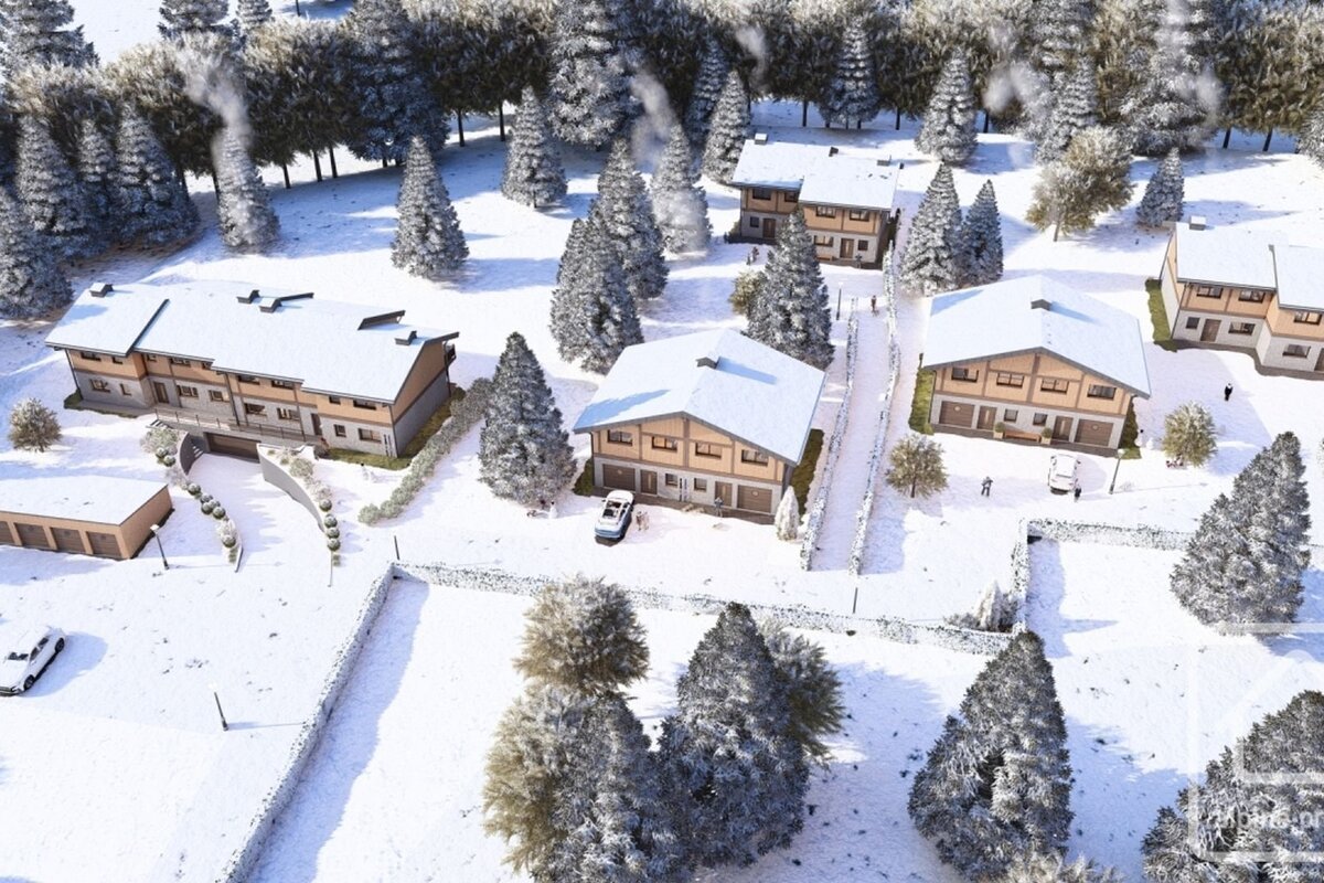 A high-angle 3D rendering of snowy wooden lodges surrounded by snow-covered pine trees.