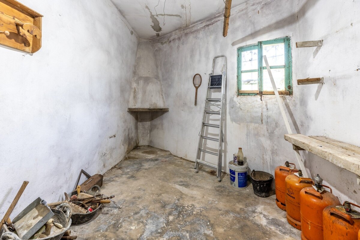 A rustic, dirty room with whitewashed walls, concrete floor, green window, a ladder, old tools, and orange gas tanks.