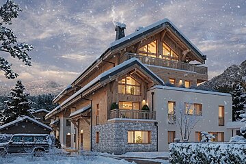 A cozy, multi-level chalet with wood, stone, and white facades, covered in fresh snow, amidst a snowy mountain scene with falling flakes.