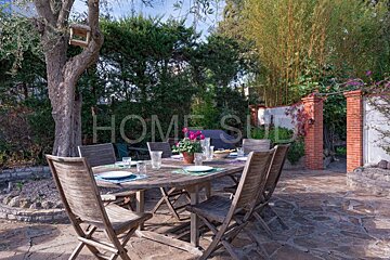 A patio with a table and chairs and the word home written on it