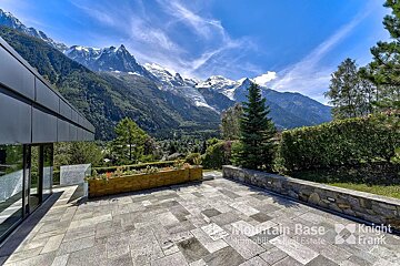 A patio with mountains in the background and a sign that says mountain base