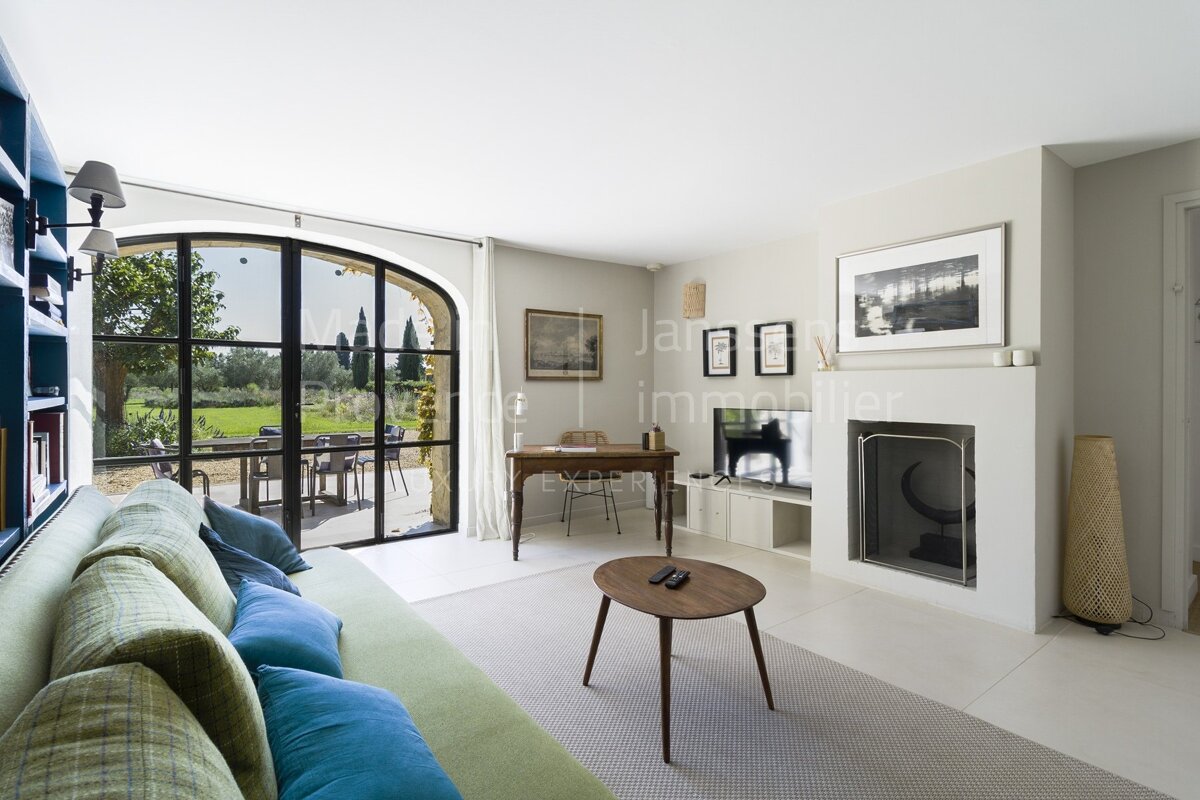 A living room with a fireplace and the word immobilier on the wall
